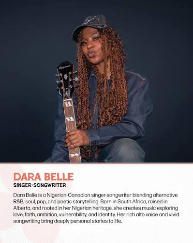 Dara Belle artist card featuring a seated guitar portrait